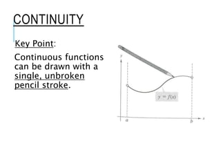 CONTINUITY
Key Point:
Continuous functions
can be drawn with a
single, unbroken
pencil stroke.
 