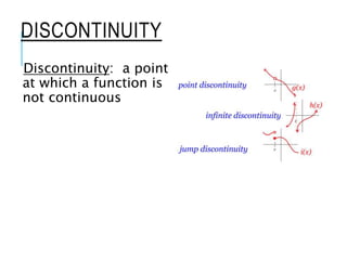 DISCONTINUITY
Discontinuity: a point
at which a function is
not continuous
 