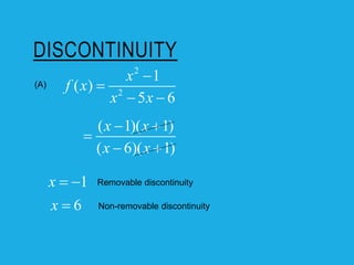 DISCONTINUITY
2
2
1
( )
5 6
x
f x
x x


 
(A)
( 1)( 1)
( 6)( 1)
x x
x x
 

 
1
x  
6
x 
Removable discontinuity
Non-removable discontinuity
 