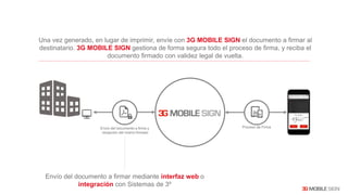 Una vez generado, en lugar de imprimir, envíe con 3G MOBILE SIGN el documento a firmar al
destinatario. 3G MOBILE SIGN gestiona de forma segura todo el proceso de firma, y reciba el
documento firmado con validez legal de vuelta.
Proceso de FirmaEnvío del documento a firma y
recepción del mismo firmado
Envío del documento a firmar mediante interfaz web o
integración con Sistemas de 3º
 