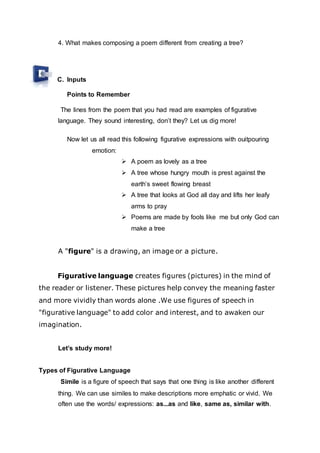 4. What makes composing a poem different from creating a tree?
C. Inputs
Points to Remember
The lines from the poem that you had read are examples of figurative
language. They sound interesting, don’t they? Let us dig more!
Now let us all read this following figurative expressions with ouitpouring
emotion:
 A poem as lovely as a tree
 A tree whose hungry mouth is prest against the
earth’s sweet flowing breast
 A tree that looks at God all day and lifts her leafy
arms to pray
 Poems are made by fools like me but only God can
make a tree
A "figure" is a drawing, an image or a picture.
Figurative language creates figures (pictures) in the mind of
the reader or listener. These pictures help convey the meaning faster
and more vividly than words alone .We use figures of speech in
"figurative language" to add color and interest, and to awaken our
imagination.
Let’s study more!
Types of Figurative Language
Simile is a figure of speech that says that one thing is like another different
thing. We can use similes to make descriptions more emphatic or vivid. We
often use the words/ expressions: as...as and like, same as, similar with.
 