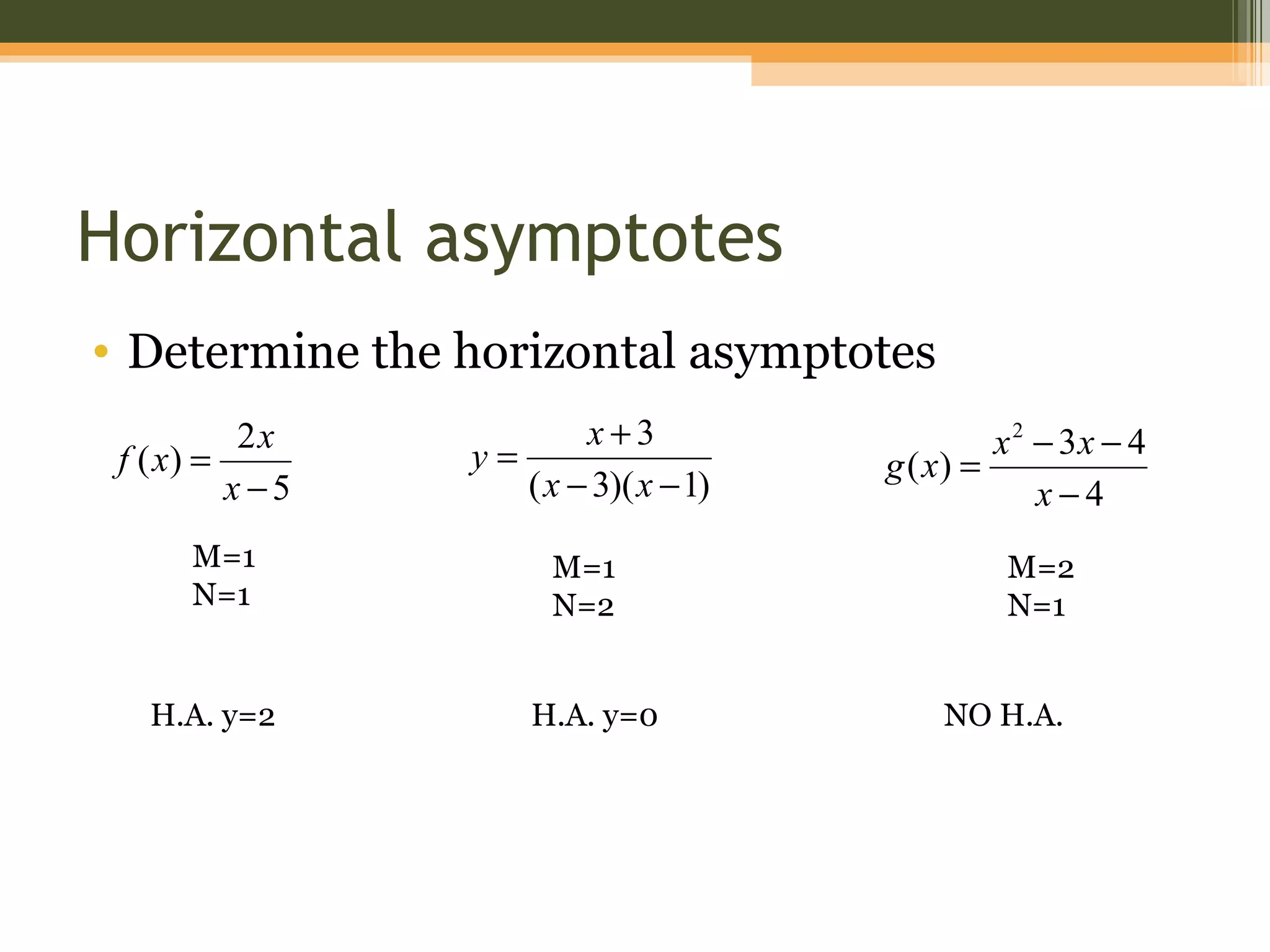 Horizontal asymptotes
• Determine the horizontal asymptotes
           2x            x+3                    x 2 − 3x − 4
 f ( x) =        y=                    g ( x) =
          x −5      ( x − 3)( x − 1)                x−4
      M=1              M=1                      M=2
      N=1              N=2                      N=1


   H.A. y=2          H.A. y=0              NO H.A.
 