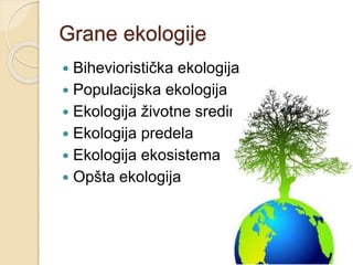 Grane ekologije 
 Bihevioristička ekologija 
 Populacijska ekologija 
 Ekologija životne sredine 
 Ekologija predela 
 Ekologija ekosistema 
 Opšta ekologija 
 