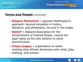 Section

3

Terms and People

(continued)

•

Niagara Movement – opposed Washington’s
approach; favored education in history,
literature, and philosophy, not just in the trades

•

NAACP – National Association for the
Advancement of Colored People, viewed full
legal rights as the only solution to racial
discrimination

•

Urban League – organization to assist
working class African Americans with relief, jobs,
clothing, and schools
The Struggle Against Discrimination

 