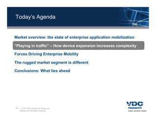 Today’s Agenda


Market overview: the state of enterprise application mobilization

“Playing in traffic” – How device expansion increases complexity

Forces Driving Enterprise Mobility

The rugged market segment is different

Conclusions: What lies ahead




11 –  2010 VDC Research Group, Inc.
     Mobile and Wireless Practice
 