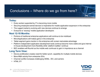 Conclusions – Where do we go from here?

Today:
  •   Every worker supported by IT is becoming more mobile
          y          pp       y               g
  •   Securing employee-owned devices is imperative for mobile application expansion in the enterprise
  •   The rugged market is evolving with new devices continue to emerge
  •   Everyone is “wooing” mobile application developers
Next 12-18 Months:
  • Portions of traditional enterprise applications will continue to be mobilized
  • MicroApplications will makes gains in the enterprise
  • Tablet segment gains traction in the enterprise with screen real-estate advantage
  • Platform-independent application development tools continue become more viable and give i t
    Pl tf    i d       d t      li ti d      l       tt l       ti    b           i bl   d i internal
                                                                                                    l
    in-house development more flexibility while “platform battles” continue
  • B2C enablers will flourish as the mobile web continues to gain in importance as a channel
Long Term View:
  •   Device proliferation creates need for better synch. capability for multiple mobile devices
  •   More M&A activity from enterprise ISVs
  •   Channel conflict increases challenging OEMs , ISV, and carriers
  •   HTML 5?!



25 –  2010 VDC Research Group, Inc.
     Mobile and Wireless Practice
 