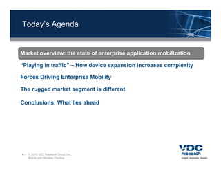 Today’s Agenda


Market overview: the state of enterprise application mobilization

“Playing in traffic” – How device expansion increases complexity

Forces Driving Enterprise Mobility

The rugged market segment is different

Conclusions: What lies ahead




4 –  2010 VDC Research Group, Inc.
    Mobile and Wireless Practice
 