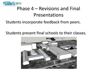 Phase 4 – Revisions and Final PresentationsStudents incorporate feedback from peers. Students present final schools to their classes.  