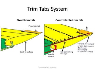 Trim Tabs System
Fixed trim tab                        Controllable trim tab




                 FLIGHT CONTROL SURFACES
 