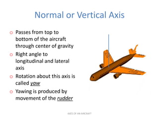 Normal or Vertical Axis
o Passes from top to
  bottom of the aircraft
  through center of gravity
o Right angle to
  longitudinal and lateral
  axis
o Rotation about this axis is
  called yaw
o Yawing is produced by
  movement of the rudder

                         AXES OF AN AIRCRAFT
 
