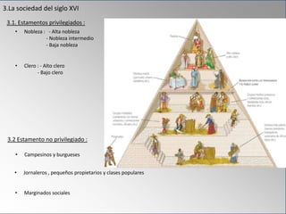 3.La sociedad del siglo XVI
3.1. Estamentos privilegiados :
3.2 Estamento no privilegiado :
• Nobleza : - Alta nobleza
- Nobleza intermedio
- Baja nobleza
• Clero : - Alto clero
- Bajo clero
• Campesinos y burgueses
• Jornaleros , pequeños propietarios y clases populares
• Marginados sociales