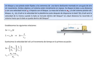 Un bloque y una pistola están fijados a los extremos de una barra deslizante montada en una guía de aire
sin rozamiento. Ambos objetos y el sistema están inicialmente en reposo. Se dispara la bala a una distancia
L con una velocidad inicial vb e impacta con el bloque. La masa de la bala es mb, y la del sistema pistola-raíl-
bloque, mp. (a) ¿Cuál es la velocidad de la plataforma justo después de dispararse la bala? (b) ¿Cuál será la
velocidad de la misma cuando la bala se incruste dentro del bloque? (c) ¿Qué distancia ha recorrido el
sistema hasta que la bala se queda dentro del bloque?


Establecemos las siguientes relaciones:

∆s = vraíl ∆t
                         L
L = vrel ∆t ⇒ ∆t =
                        vrel

Sustituimos la velocidad del raíl y el incremento de tiempo en la primera ecuación:

       mb  L     
∆s =     v       
       m b  v    
       p  rel    
       m + mb
vrel = p       vb
         mp
 