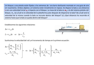 Un bloque y una pistola están fijados a los extremos de una barra deslizante montada en una guía de aire
sin rozamiento. Ambos objetos y el sistema están inicialmente en reposo. Se dispara la bala a una distancia
L con una velocidad inicial vb e impacta con el bloque. La masa de la bala es mb, y la del sistema pistola-raíl-
bloque, mp. (a) ¿Cuál es la velocidad de la plataforma justo después de dispararse la bala? (b) ¿Cuál será la
velocidad de la misma cuando la bala se incruste dentro del bloque? (c) ¿Qué distancia ha recorrido el
sistema hasta que la bala se queda dentro del bloque?


Establecemos las siguientes relaciones:

∆s = vraíl ∆t
                         L
L = vrel ∆t ⇒ ∆t =
                        vrel

Sustituimos la velocidad del raíl y el incremento de tiempo en la primera ecuación:

       mb  L     
∆s =     v                                           
       m b  v                                        
       p  rel                      mb        L         mb
                               ⇒ ∆s =    vb              =       L
       m + mb                         m      m p + mb  m + m
vrel = p       vb                      p            vb    p   b
         mp                                    m         
                                                   p     
 