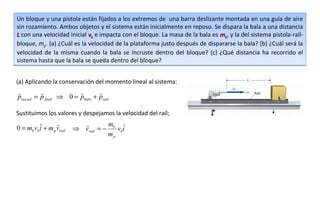 Un bloque y una pistola están fijados a los extremos de una barra deslizante montada en una guía de aire
sin rozamiento. Ambos objetos y el sistema están inicialmente en reposo. Se dispara la bala a una distancia
L con una velocidad inicial vb e impacta con el bloque. La masa de la bala es mb, y la del sistema pistola-raíl-
bloque, mp. (a) ¿Cuál es la velocidad de la plataforma justo después de dispararse la bala? (b) ¿Cuál será la
velocidad de la misma cuando la bala se incruste dentro del bloque? (c) ¿Qué distancia ha recorrido el
sistema hasta que la bala se queda dentro del bloque?


(a) Aplicando la conservación del momento lineal al sistema:
                              
pinicial = p final ⇒ 0 = pbala + praíl

Sustituimos los valores y despejamos la velocidad del raíl;

         ˆ                        m ˆ
0 = mb vbi + m p vraíl   ⇒ vraíl = − b vbi
                                    mp
 
