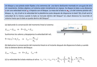 Un bloque y una pistola están fijados a los extremos de una barra deslizante montada en una guía de aire
sin rozamiento. Ambos objetos y el sistema están inicialmente en reposo. Se dispara la bala a una distancia
L con una velocidad inicial vb e impacta con el bloque. La masa de la bala es mb, y la del sistema pistola-raíl-
bloque, mp. (a) ¿Cuál es la velocidad de la plataforma justo después de dispararse la bala? (b) ¿Cuál será la
velocidad de la misma cuando la bala se incruste dentro del bloque? (c) ¿Qué distancia ha recorrido el
sistema hasta que la bala se queda dentro del bloque?


(a) Aplicando la conservación del momento lineal al sistema:
                              
pinicial = p final ⇒ 0 = pbala + praíl

Sustituimos los valores y despejamos la velocidad del raíl;

         ˆ                        m ˆ
0 = mb vbi + m p vraíl   ⇒ vraíl = − b vbi
                                    mp

(b) Aplicamos la conservación del momento lineal en el instante después de dispararse la bala y cuando
ésta se detiene dentro del bloque:
                                 
pantes = pdespués ⇒ 0 = praíl       vraíl = 0

                                                                           mb       m         m p + mb
(c) La velocidad de la bala relativa al raíl es vrel = vb − vraíl = vb +      vb = 1 + b vb =          vb
                                                                           mp       m            mp
                                                                                       p 
 