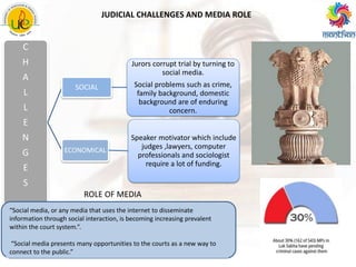 C
H
A
L
L
E
N
G
E
S
SOCIAL
Jurors corrupt trial by turning to
social media.
Social problems such as crime,
family background, domestic
background are of enduring
concern.
ECONOMICAL
Speaker motivator which include
judges ,lawyers, computer
professionals and sociologist
require a lot of funding.
JUDICIAL CHALLENGES AND MEDIA ROLE
“Social media, or any media that uses the internet to disseminate
information through social interaction, is becoming increasing prevalent
within the court system.”.
“Social media presents many opportunities to the courts as a new way to
connect to the public.”
ROLE OF MEDIA
 