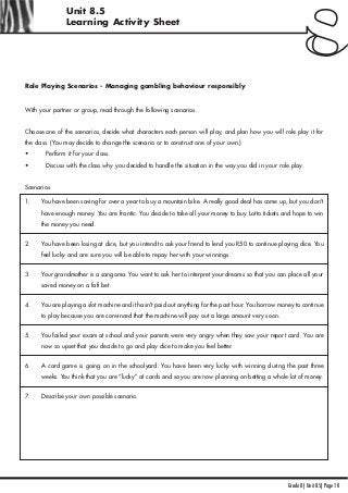 Grade 8 | Unit 8.5| Page 10
Unit 8.5
Learning Activity Sheet
Role Playing Scenarios - Managing gambling behaviour responsibly
With your partner or group, read through the following scenarios.
Choose one of the scenarios, decide what characters each person will play, and plan how you will role play it for
the class. (You may decide to change the scenario or to construct one of your own.)
• Perform it for your class.
• Discuss with the class why you decided to handle the situation in the way you did in your role play.
Scenarios
1. You have been saving for over a year to buy a mountain bike. A really good deal has come up, but you don't
have enough money. You are frantic. You decide to take all your money to buy Lotto tickets and hope to win
the money you need.
2. You have been losing at dice, but you intend to ask your friend to lend you R50 to continue playing dice. You
feel lucky and are sure you will be able to repay her with your winnings.
3. Your grandmother is a sangoma. You want to ask her to interpret your dreams so that you can place all your
saved money on a fafi bet.
4. You are playing a slot machine and it hasn't paid out anything for the past hour. You borrow money to continue
to play because you are convinced that the machine will pay out a large amount very soon.
5. You failed your exam at school and your parents were very angry when they saw your report card. You are
now so upset that you decide to go and play dice to make you feel better.
6. A card game is going on in the schoolyard. You have been very lucky with winning during the past three
weeks. You think that you are “lucky” at cards and so you are now planning on betting a whole lot of money.
7. Describe your own possible scenario.
 