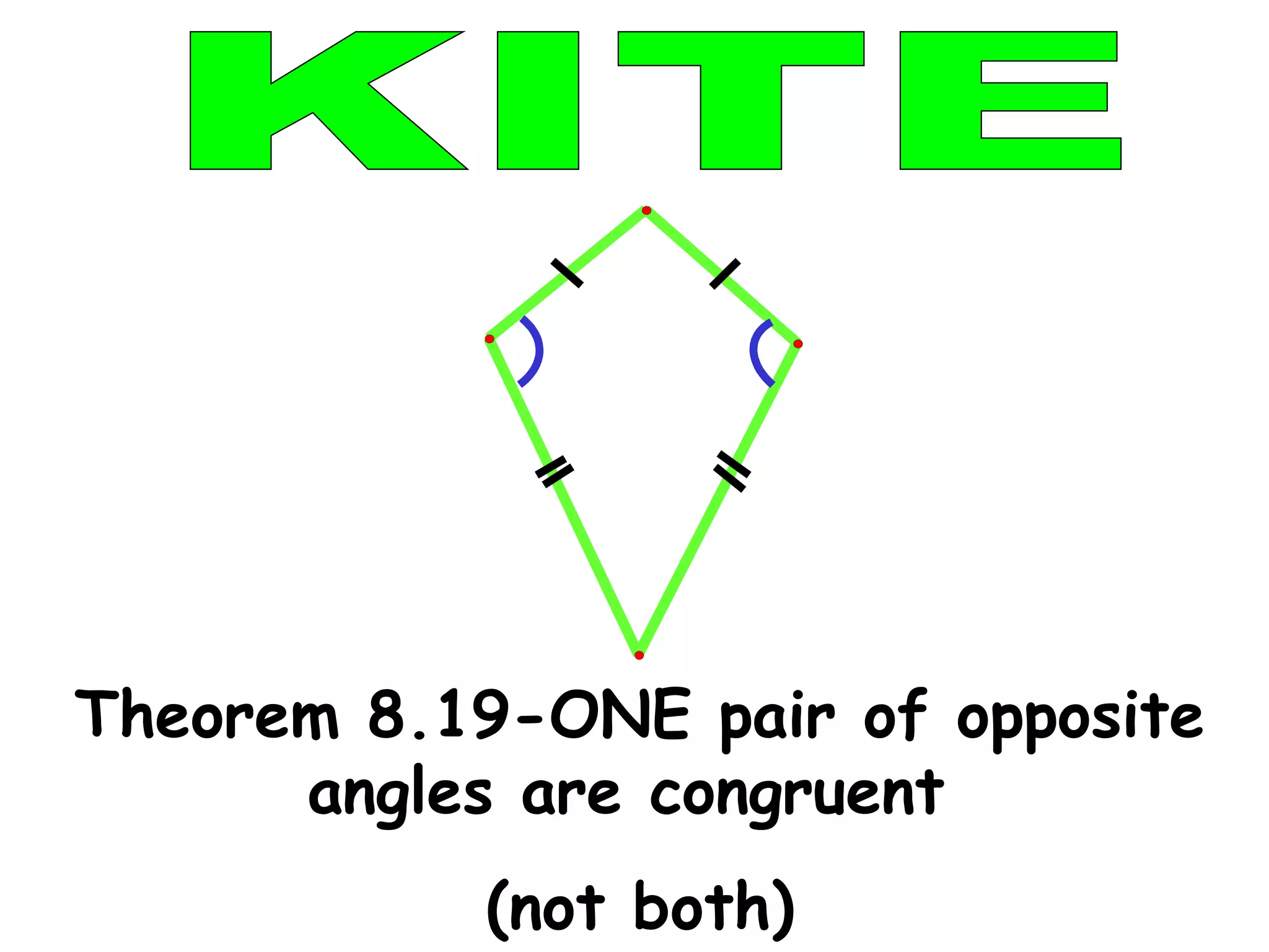 KITE Theorem 8.19-ONE pair of opposite angles are congruent  (not both) 