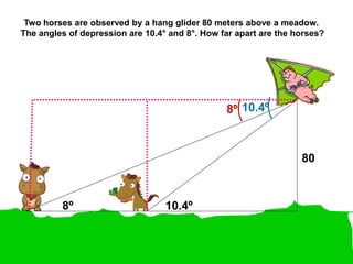 Two horses are observed by a hang glider 80 meters above a meadow.
The angles of depression are 10.4属 and 8属. How far apart are the horses?
8尊 10.4尊
80
8尊 10.4尊