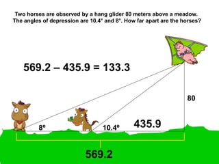 Two horses are observed by a hang glider 80 meters above a meadow.
The angles of depression are 10.4属 and 8属. How far apart are the horses?
80
8尊 10.4尊
569.2
435.9
569.2  435.9 = 133.3