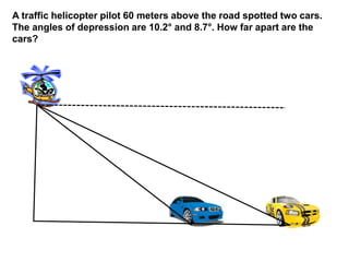 A traffic helicopter pilot 60 meters above the road spotted two cars.
The angles of depression are 10.2属 and 8.7属. How far apart are the
cars?