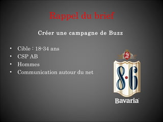 Rappel du brief Créer une campagne de Buzz  Cible : 18-34 ans CSP AB Hommes Communication autour du net 