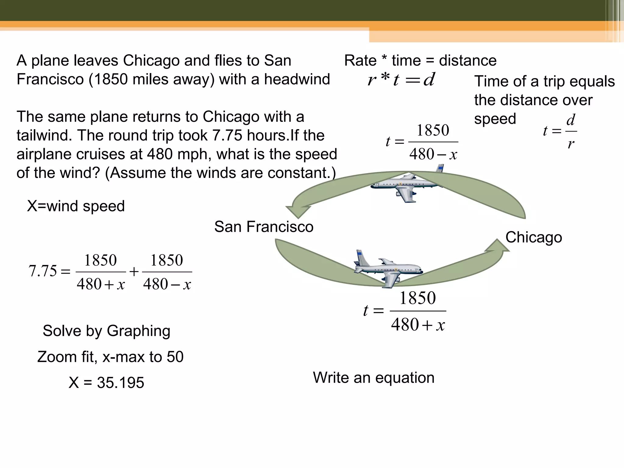 A plane leaves Chicago and flies to San         Rate * time = distance
Francisco (1850 miles away) with a headwind        r *t = d        Time of a trip equals
                                                                   the distance over
The same plane returns to Chicago with a                           speed         d
tailwind. The round trip took 7.75 hours.If the            1850              t=
                                                      t=                          r
airplane cruises at 480 mph, what is the speed            480 − x
of the wind? (Assume the winds are constant.)

 X=wind speed
                             San Francisco
                                                                       Chicago
           1850    1850
 7.75 =          +
          480 + x 480 − x
                                                      1850
                                                  t=
   Solve by Graphing                                 480 + x
   Zoom fit, x-max to 50
       X = 35.195                          Write an equation
 