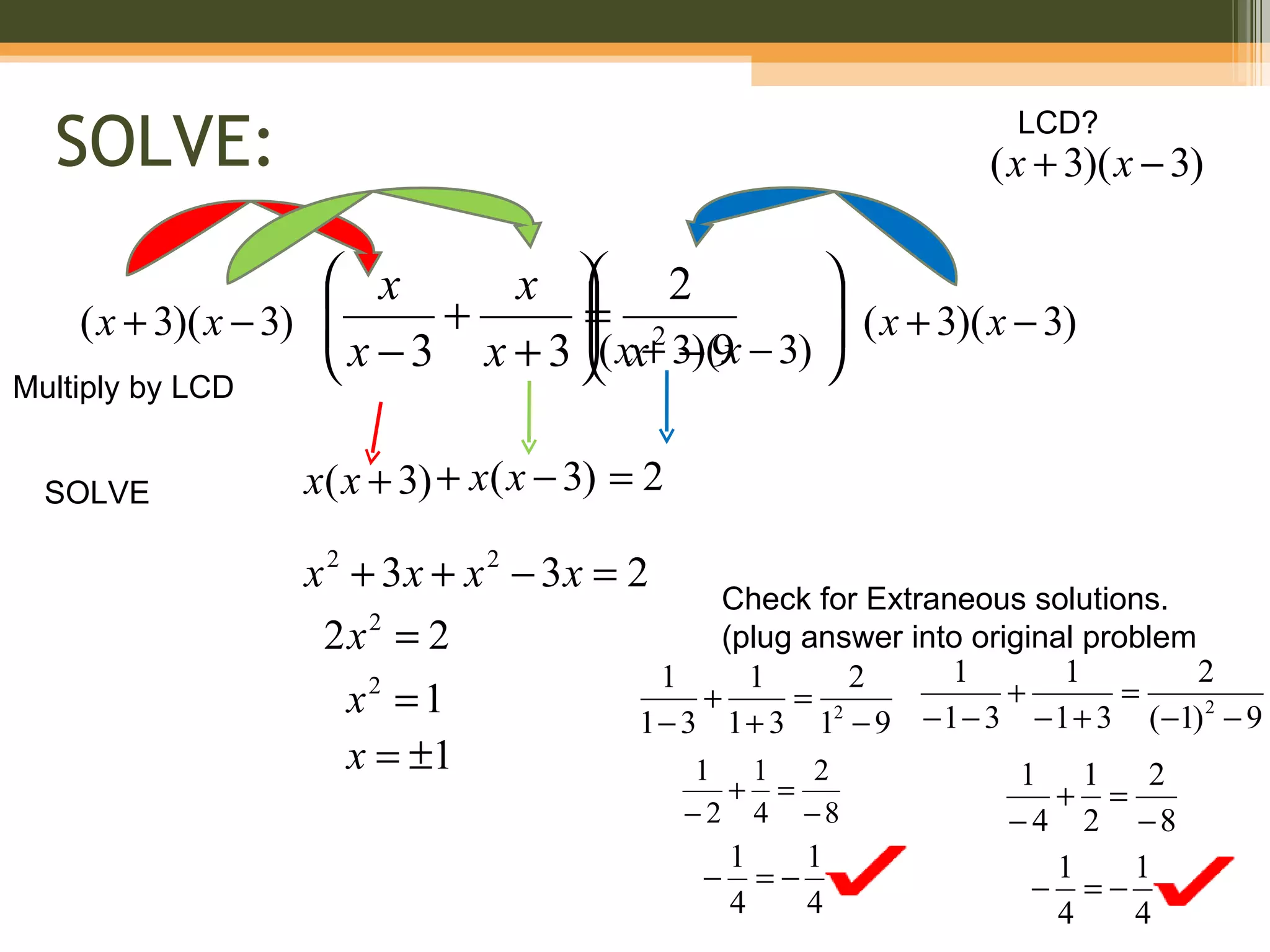 SOLVE:                                                               LCD?
                                                                     ( x + 3)( x − 3)

                      x         x  2                
    ( x + 3)( x − 3) 
                      x − 3 + x + 3 ( xx+ 3)(9 − 3)  ( x + 3)( x − 3)
                                      =
                                      2 − x          
                                                    
Multiply by LCD


  SOLVE            x( x + 3) + x( x − 3) = 2

                   x 2 + 3x + x 2 − 3x = 2
                                                 Check for Extraneous solutions.
                    2x = 2
                        2
                                                 (plug answer into original problem
                                            1      1      2      1        1         2
                       x =1
                        2
                                                +     =               +        =
                                          1 − 3 1 + 3 12 − 9 − 1 − 3 − 1 + 3 (−1) − 9
                                                                                    2

                       x = ±1                  1 1      2              1 1       2
                                                    +       =              +       =
                                               −2       4       −8    −4     −82
                                                    1    1               1   1
                                                −     =−                − =−
                                                    4    4               4   4
 