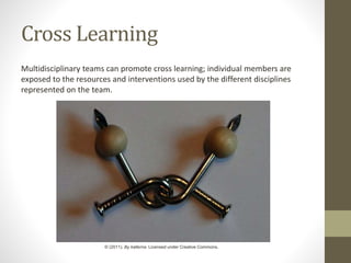 Cross Learning
Multidisciplinary teams can promote cross learning; individual members are
exposed to the resources and interventions used by the different disciplines
represented on the team.
© (2011). By kallerna. Licensed under Creative Commons.
 
