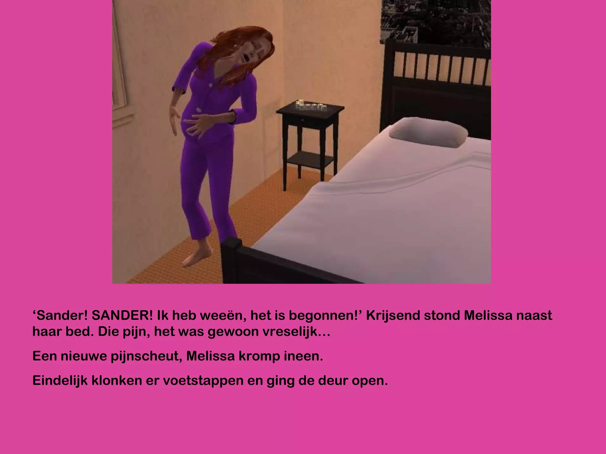 ‘ Sander! SANDER! Ik heb weeën, het is begonnen!’ Krijsend stond Melissa naast haar bed. Die pijn, het was gewoon vreselijk…  Een nieuwe pijnscheut, Melissa kromp ineen.  Eindelijk klonken er voetstappen en ging de deur open. 