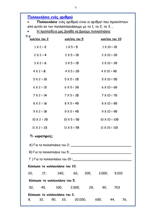 5
Πολλαπλάσια ενός αριθμού
 Πολλαπλάσια ενός αριθμού είναι οι αριθμοί που προκύπτουν
από αυτόν αν τον πολλαπλασιάσουμε με το 1, το 2, το 3 …
 Η προπαίδεια μας βοηθά να βρούμε πολλαπλάσια.
π.χ
πολ/σια του 2 πολ/σια του 5 πολ/σια του 10
1 Χ 2 = 2 1 Χ 5 = 5 1 Χ 10 = 10
2 Χ 2 = 4 2 Χ 5 = 10 2 Χ 10 = 20
3 Χ 2 = 6 3 Χ 5 = 15 3 Χ 10 = 30
4 Χ 2 = 8 4 Χ 5 = 20 4 Χ 10 = 40
5 Χ 2 = 10 5 Χ 5 = 25 5 Χ 10 = 50
6 Χ 2 = 12 6 Χ 5 = 30 6 Χ 10 = 60
7 Χ 2 = 14 7 Χ 5 = 35 7 Χ 10 = 70
8 Χ 2 = 16 8 Χ 5 = 40 8 Χ 10 = 80
9 Χ 2 = 18 9 Χ 5 = 45 9 Χ 10 = 90
10 Χ 2 = 20 10 Χ 5 = 50 10 Χ 10 = 100
11 Χ 2 = 22 11 Χ 5 = 55 11 Χ 10 = 110
Τι παρατηρείς;
Α) Για τα πολλαπλάσια του 2: _______________________________
Β) Για τα πολλαπλάσια του 5: _______________________________
Γ ) Για τα πολλαπλάσια του 10 :______________________________
Κύκλωσε τα πολλαπλάσια του 10.
20, 17, 340, 60, 205, 3.000, 9.010
Κύκλωσε τα πολλαπλάσια του 5.
52, 45, 100, 2.005, 28, 90, 703
Κύκλωσε τα πολλαπλάσια του 2.
8, 32, 90, 33, 20.000, 650, 44, 76,
 