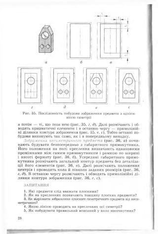 Рис. 35. Послідовність побудови зображення предмета з однією
віссю симетрії
а потім — ті, що поза нею (рис. 35, г, д). Далі розмічають і об­
водять призматичні елементи і в останню чергу — прямоліній­
ні ділянки Контура зображення (рис. 35, е, є). Тобто останні по­
будови виконують так само, як і в попередньому випадку.
Зображення несиметричного предмета (рис. 36, а) почи­
нають будувати безпосередньо з габаритного прямокутника.
Його положення на полі креслення визначають однаковими
проміжками між самим прямокутником і рамкою по ширині
і висоті формату (рис. 36, б). Усередині габаритного прямо­
кутника розмічають загальний контур предмета без деталіза­
ції його елементів (рис. 36, в). Далі розмічають положення
центрів і проводять кола й півкола заданих розмірів (рис. 36,
г, д). В останню чергу розмічають і обводять прямолінійні ді­
лянки контура зображення (рис. 36, е, є).
ЗАПИТАННЯ
1. Які предмети слід вважати плоскими?
2. Як на кресленнях позначають товщину плоских предметів?
3. Як відрізнити зображення плоского симетричного предмета від неси­
метричного?
4. Якою лінією проводять на кресленнях осі симетрії?
5. Як побудувати правильний вписаний у коло многокутник?
28
 