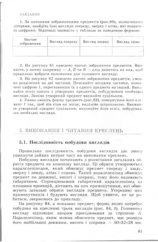 ЗАВДАННЯ
1. За наочними зображеннями предметів (рис.80), позначеними
літерами, знайдіть їхні вигляди спереду, зверху і зліва, які позначе­
ні цифрами. Відповіді запишіть у таблицю за наведеною формою:
Наочне
зображення
Вигляд спереду Вигляд зверху Вигляд зліва
2. На рисунку 81 наведено наочні зображення предметів. Виз­
начте, у якому напрямку — А , Б чи В — слід дивитись на них, щоб
правильно вибрати положення для головного вигляду.
3. На рисунку 82 наведено наочні зображення предметів, умов­
но розділених на дві частини. Поміняйте місцями частини, позна­
чені цифрою 1, переставивши їх з одного предмета на інший. Вико­
найте ескіз одного з утворених предметів, побудувавши необхідні
вигляди. Заново утворений предмет вважайте суцільним.
4. Уявно змініть форму предмета (рис.83), повернувши його еле­
мент 1 так, щоб він став на місце, виділене штриховкою. Вважай­
те утворений предмет суцільним, виконайте його ескіз, побудував­
ши необхідні вигляди.
5. ВИКОНАННЯ І ЧИТАННЯ КРЕСЛЕНЬ
5.1. Послідовність побудови виглядів
Правильна послідовність побудови виглядів дає змогу
уникнути зайвих витрат часу на виконання креслень.
Побудову виглядів починають з розмічання загальних об­
рисів предмета на кожному вигляді. Ц і обриси утворюються
паралелепіпедом, який обмежує предмет спереду і ззаду,
зверху і знизу, зліва і справа. Такий паралелепіпед обмежує
предмет по довжині, висоті і ширині, тому його називають
габаритним. Спроеціювавши габаритний паралелепіпед на
площини проекцій, дістають на них прямокутники, які обме­
жують загальні обриси виглядів предмета. Усередині цих
прямокутників і будують вигляди. Щ об уявити, як це ро­
биться, звернемось до прикладу.
На рисунку 84, а показано предмет, форма якого потребує
побудови на кресленні трьох виглядів (рис. 84, б ). Головному
вигляду відповідає напрям проеціювання за стрілкою А.
Паралелепіпед, яким можна обмежити предмет, має розміри
його найбільшої довжини, висоти і ширини — 50x32x28 мм.
61
 