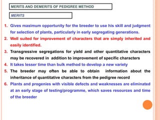 MERITS AND DEMERITS OF PEDIGREE METHOD
MERITS
1. Gives maximum opportunity for the breeder to use his skill and judgment
for selection of plants, particularly in early segregating generations.
2. Well suited for improvement of characters that are simply inherited and
easily identified.
3. Transgressive segregations for yield and other quantitative characters
may be recovered in addition to improvement of specific characters
4. It takes lesser time than bulk method to develop a new variety
5. The breeder may often be able to obtain information about the
inheritance of quantitative characters from the pedigree record
6. Plants and progenies with visible defects and weaknesses are eliminated
at an early stage of testing/programme, which saves resources and time
of the breeder
 