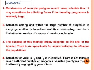 DEMERITS
1. Maintenance of accurate pedigree record takes valuable time. It
may sometimes be a limiting factor if the breeding programme is
relatively large.
2. Selection among and within the large number of progenies in
every generation is laborious and time consuming, can be a
limitation for number of crosses a breeder can handle.
3. The success of this method largely depends on the skill of the
breeder. There is no opportunity for natural selection to influence
the populations.
4. Selection for yield in F2 and F3 is ineffective. If care is not taken to
retain sufficient number of progenies, valuable genotypes may be
lost in early segregating generations
 