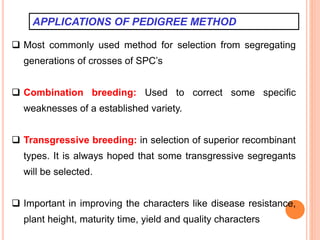 APPLICATIONS OF PEDIGREE METHOD
 Most commonly used method for selection from segregating
generations of crosses of SPC’s
 Combination breeding: Used to correct some specific
weaknesses of a established variety.
 Transgressive breeding: in selection of superior recombinant
types. It is always hoped that some transgressive segregants
will be selected.
 Important in improving the characters like disease resistance,
plant height, maturity time, yield and quality characters
 