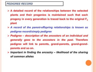PEDIGREE RECORD
 A detailed record of the relationships between the selected
plants and their progenies is maintained such that each
progeny in every generation is traced back to the original F2
plant
 A record of the parent-offspring relationships is known as
pedigree record/simply pedigree
 Pedigree – description of the ancestors of an individual and
generally goes to the ancestors in the past. Therefore
pedigree will link to parents, grand-parents, grand-grand-
parents and so on.
 Important in finding the ancestry – likelihood of the sharing
of common alleles
 