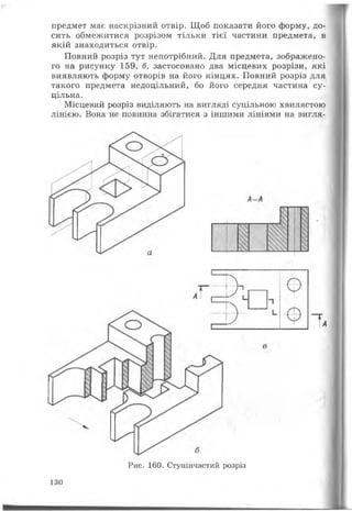 предмет має наскрізний отвір. Щоб показати його форму, до­
сить обмежитися розрізом тільки тієї частини предмета, в
якій знаходиться отвір.
Повний розріз тут непотрібний. Для предмета, зображено­
го на рисунку 159, б, застосовано два місцевих розрізи, які
виявляють форму отворів на його кінцях. Повний розріз для
такого предмета недоцільний, бо його середня частина су­
цільна.
Місцевий розріз виділяють на вигляді суцільною хвилястою
лінією. Вона не повинна збігатися з іншими лініями на вигля-
Рис. 160. Ступінчастий розріз
130
 