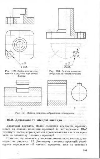 У///////////////7Л
Рис. 190. Заміна повного
зображення схематичним
Рис. 189. Зображення еле­
ментів предмета однакової
форми
Рис. 191. Заміна повного зображення контурним
10.2. Додаткові та місцеві вигляди
. _Додаткові вигляди. Деякі елементи предметів проецію­
ються на основні площини проекцій із спотворенням. Щоб
уникнути цього, користуються проеціюванням частини пред­
мета на додаткову площину проекцій.
Приклад, що пояснює утворення додаткового вигляду, на­
ведено на рисунку 192. Додаткову площину проекцій розмі­
щують паралельно тій частині предмета, яка на основних
151
 