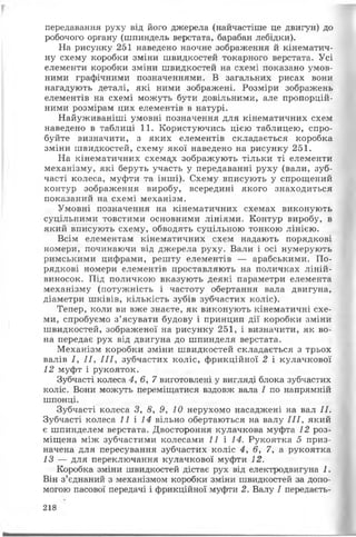 передавання руху від його джерела (найчастіше це двигун) до
робочого органу (шпиндель верстата, барабан лебідки).
На рисунку 251 наведено наочне зображення й кінематич­
ну схему коробки зміни швидкостей токарного верстата. Усі
елементи коробки зміни швидкостей на схемі показано умов­
ними графічними позначеннями. В загальних рисах вони
нагадують деталі, які ними зображені. Розміри зображень
елементів на схемі можуть бути довільними, але пропорцій­
ними розмірам цих елементів в натурі.
Найуживаніші умовні позначення для кінематичних схем
наведено в таблиці 11. Користуючись цією таблицею, спро­
буйте визначити, з яких елементів складається коробка
зміни швидкостей, схему якої наведено на рисунку 251.
На кінематичних схемах зображують тільки ті елементи
механізму, які беруть участь у передаванні руху (вали, зуб­
часті колеса, муфти та інші). Схему вписують у спрощений
контур зображення виробу, всередині якого знаходиться
показаний на схемі механізм.
Умовні позначення на кінематичних схемах виконують
суцільними товстими основними лініями. Контур виробу, в
який вписують схему, обводять суцільною тонкою лінією.
Всім елементам кінематичних схем надають порядкові
номери, починаючи від джерела руху. Вали і осі нумерують
римськими цифрами, решту елементів — арабськими. По­
рядкові номери елементів проставляють на поличках ліній-
виносок. Під поличкою вказують деякі параметри елемента
механізму (потужність і частоту обертання вала двигуна,
діаметри шківів, кількість зубів зубчастих коліс).
Тепер, коли ви вже знаєте, як виконують кінематичні схе­
ми, спробуємо з’ясувати будову і принцип дії коробки зміни
швидкостей, зображеної на рисунку 251, і визначити, як во­
на передає рух від двигуна до шпинделя верстата.
Механізм коробки зміни швидкостей складається з трьох
валів І, I I , I I I , зубчастих коліс, фрикційної 2 і кулачкової
12 муфт і рукояток.
Зубчасті колеса 4, 6, 7 виготовлені у вигляді блока зубчастих
коліс. Вони можуть переміщатися вздовж вала І по напрямній
шпонці.
Зубчасті колеса 3, 8, 9, 10 нерухомо насаджені на вал II.
Зубчасті колеса 11 і 14 вільно обертаються на валу I I I , який
є шпинделем верстата. Двостороння кулачкова муфта 12 роз­
міщена між зубчастими колесами 11 і 14. Рукоятка 5 приз­
начена для пересування зубчастих коліс 4, 6, 7, а рукоятка
13 — для переключання кулачкової муфти 12.
Коробка зміни швидкостей дістає рух від електродвигуна 1.
Він з’єднаний з механізмом коробки зміни швидкостей за допо­
могою пасової передачі і фрикційної муфти 2. Валу І передаєть-
218
 