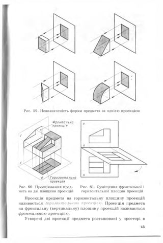 Рис. 59. Невизначеність форми предмета за однією проекцією
Рис. 60. Проеціювання пред- Рис. 61. Суміщення фронтальної і
мета на дві площини проекцій горизонтальної площин проекцій
Проекція предмета на горизонтальну площину проекцій
називається горизонтальною проекцією. Проекція предмета
на фронтальну (вертикальну) площину проекцій називається
фронтальною проекцією.
Утворені дві проекції предмета розташовані у просторі в
45
 