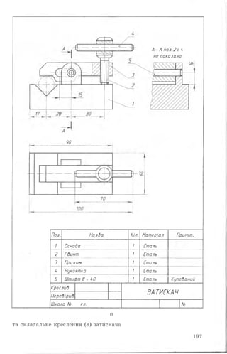 А—А поз.2 і 4
не показано
тг-п ЬР
90
Поз. Назва Кіл. Матеріал Приміт.
1 Основа 1 Сталь
2 Гвинт 1 Сталь
3 Прижим 1 Сталь
и Рукоятка 1 Сталь
5 Штифт В х 4/7 1 Сталь Купований
Креслий
Перевірив
Школа У№ кл.
ЗАТИСКАЧ
N.?
в
та складальне креслення (в) затискача
197
 