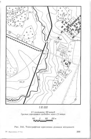1:10000
В 1сантиметрі 100 метрів
Суцільні горизонталі проведені через 2,5 метра
100 О 100 200 м
Рис. 245. Топографічне креслення ділянки місцевості
14 «Креслення», В—9 кл. 209
 