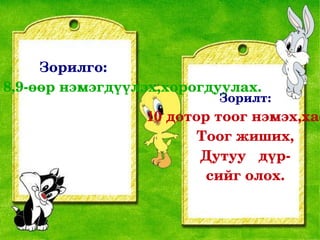 Зорилго:
 8,9­өөр нэмэгдүүлэх,хорогдуулах. 
                            Зорилт:
                  10 дотор тоог нэмэх,хас
                         Тоог жиших,
                         Дутуу   дүр­
                          сийг олох.
 