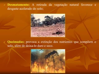  Desmatamento: A retirada da vegetação natural favorece e
desgaste acelerado do solo;
 Queimadas: provoca a extinção dos nutrientes que compõem o
solo, além de deixa-lo duro e seco.
 