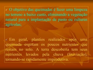  O objetivo das queimadas é fazer uma limpeza
no terreno a baixo custo, eliminando a vegetação
natural para a implantação de pasto ou culturas
agrícolas;
 Em geral, plantios realizados após uma
queimada esgotam os poucos nutrientes que
restam no solo. A terra descoberta tem seus
nutrientes levados pela chuva (lixiviação),
tornando-se rapidamente improdutiva.
 