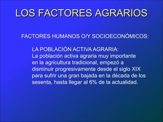 LOS FACTORES AGRARIOS

FACTORES HUMANOS O/Y SOCIOECONÓMICOS:

   LA POBLACIÓN ACTIVA AGRARIA:
   La población activa agraria muy importante
   en la agricultura tradicional, empezó a
   disminuir progresivamente desde el siglo XIX
   para sufrir una gran bajada en la década de los
   sesenta, hasta llegar al 6% de la actualidad.
 