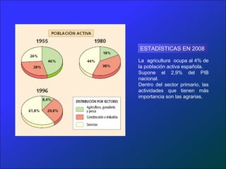 ESTADÍSTICAS EN 2008

La agricultura ocupa al 4% de
la población activa española.
Supone el 2,9% del PIB
nacional.
Dentro del sector primario, las
actividades que tienen más
importancia son las agrarias.
 
