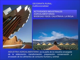 GEOGRAFÍA RURAL:
                        multifuncionalidad

                         ACTIVIDADES INDUSTRIALES
                         AGROALIMENTARIAS:
                         BODEGAS YSIOS. CALATRAVA. LA RIOJA




INDUSTRIA AGROALIMENTARIA: es la parte de la industria encargada
           AGROALIMENTARIA
de la elaboración, transformación, preparación, conservación y
envasado de los alimentos de consumo humano y animal.
 