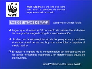 Lograr que al menos el 10 por ciento de nuestro litoral disfrute
de una gestión integrada dirigida a su conservación.
 Acabar con la sobreexplotación de las pesquerías y mantener
el estado actual de las que hoy son sostenibles y respetan el
medio marino.
 Erradicar el impacto de la contaminación por hidrocarburos en
las aguas territoriales españolas y en determinadas aguas de
su influencia.
LOS OBJETIVOS DE WWF
WWF España es una ong que lucha
para evitar la extinción de muchas
especies en todo el mundo.
World Wildlife Fund for Nature (WWF)
World Wide Fund for Nature
 